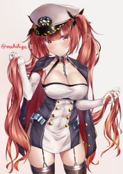 Rule 34 | 1girl, absurdres, azur lane, black cape, black panties, black ribbon, blush, breasts, buttons, cape, chain, cleavage, commentary request, double-breasted, dress, elbow gloves, frown, garter straps, gloves, gradient hair, hair ribbon, hands up, hat, head tilt, highres, holding, holding own hair, honolulu (azur lane), large breasts, long hair, looking at viewer, makihige, military hat, multicolored hair, orange eyes, orange hair, panties, red eyes, red hair, ribbon, side slit, skindentation, sleeveless, sleeveless dress, thighhighs, thighs, twintails, underwear, very long hair, white gloves