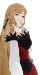 Rule 34 | 1girl, absurdres, bare shoulders, black dress, black ribbon, blonde hair, breasts, dress, elbow gloves, eyelashes, feather-trimmed dress, feather-trimmed gloves, finger to mouth, gloves, hair ribbon, hand up, highres, kiss-shot acerola-orion heart-under-blade, kizumonogatari, large breasts, long hair, looking at viewer, monogatari (series), oshino shinobu, parted bangs, parted lips, red dress, ribbon, simple background, solo, tabulagami, upper body, very long hair, white background, white gloves, white sleeves, yellow eyes