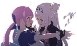 Rule 34 | 2girls, ahoge, backlighting, black gloves, blue hair, blush, brown eyes, commentary request, gloves, hair bun, hand on another&#039;s chin, highres, hololive, long hair, looking at another, low twintails, maid headdress, minato aqua, minato aqua (1st costume), multicolored hair, multiple girls, murasaki shion, murasaki shion (1st costume), namaonpa, open mouth, purple eyes, purple hair, single hair bun, twintails, two-tone hair, upper body, virtual youtuber, white background, white hair, yuri