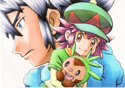 Rule 34 | 1boy, 1girl, alain (pokemon), black hair, blue eyes, blue scarf, brown eyes, chespin, closed mouth, commentary request, creatures (company), eyelashes, frown, game freak, gen 6 pokemon, green headwear, hat, highres, holding, holding pokemon, mairin (pokemon), nintendo, oka mochi, parted lips, pokemon, pokemon (anime), pokemon (creature), pokemon xy (anime), purple hair, scarf, short hair, smile, split mouth, traditional media, white background, yellow scarf