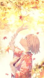 Rule 34 | 1girl, autumn, autumn leaves, blue eyes, branch, falling leaves, fujiwara mizuki, hand on own chest, hand up, haori, highres, japanese clothes, leaf, long sleeves, looking up, maple leaf, open mouth, original, pink hair, short hair