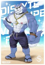 Rule 34 | 1boy, abs, animal ears, bara, beach, bicep strap, black shirt, chain, chain necklace, character name, claws, clenched hand, collar, commentary, copyright name, dislyte, english commentary, flip-flops, freddy (fenrir) (dislyte), furry, furry male, hand on own hip, highres, jewelry, looking at viewer, male focus, multiple scars, muscular, muscular male, necklace, ocean, pectorals, rossciaco, sandals, scar, scar across eye, scar on arm, scar on face, shirt, sunglasses, tail, wolf boy, wolf ears, wolf tail
