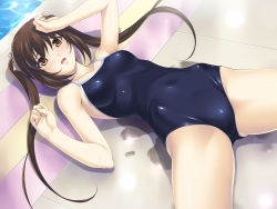 Rule 34 | 1girl, arms up, blue one-piece swimsuit, blue school swimsuit, blush, bow, breasts, brown hair, competition school swimsuit, covered navel, cowboy shot, d:, from above, hair bow, hair ornament, highres, hip bones, long hair, lying, on back, one-piece swimsuit, open mouth, original, pool, poolside, school swimsuit, skin tight, small breasts, solo, spread legs, swimsuit, twintails, wacchi, wet, white bow
