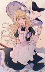 Rule 34 | 1girl, absurdres, apron, back bow, black dress, black hat, blonde hair, blush, bow, braid, breasts, broom, buttons, commentary request, crossed bangs, dress, fingernails, frills, grey apron, grey bow, hair bow, hand up, hat, hat bow, highres, kirisame marisa, long hair, looking away, medium breasts, mozukuzu (manukedori), open mouth, puffy short sleeves, puffy sleeves, purple bow, short sleeves, simple background, single braid, smile, solo, standing, star (symbol), teeth, tongue, touhou, witch hat, wrist cuffs, yellow background, yellow eyes