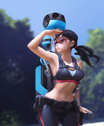 Rule 34 | 1girl, absurdres, armpits, backpack, bag, belt, black hair, blue sky, blurry, blurry background, bo xun lin, camera, commentary request, cowboy shot, day, glasses, highres, long hair, navel, original, outdoors, ponytail, sky, solo, sports bra, tree