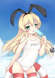 Rule 34 | 10s, 1girl, anchor, blonde hair, chiyami, day, food, green eyes, highres, innertube, kantai collection, long hair, one-piece swimsuit, patterned legwear, personification, popsicle, school swimsuit, shimakaze (kancolle), socks, striped clothes, striped thighhighs, swim ring, swimsuit, thighhighs, two-tone stripes, white one-piece swimsuit, white school swimsuit