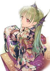 Rule 34 | 1girl, bad id, bad pixiv id, choker, earrings, from behind, green hair, headband, highres, japanese clothes, jewelry, kimono, long hair, looking at viewer, looking back, nakabayashi reimei, original, red eyes, sitting, solo, tiara
