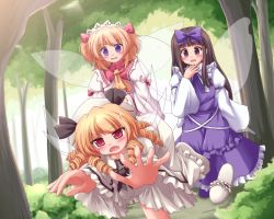 Rule 34 | 3girls, blonde hair, bow, brown hair, drill hair, fairy wings, female focus, forest, hair bow, hat, highres, luna child, lzh, multiple girls, nature, perfect memento in strict sense, purple eyes, red eyes, shoes, single shoe, slippers, star sapphire, sunny milk, sweatdrop, touhou, tree, tripping, twintails, wide sleeves, wings