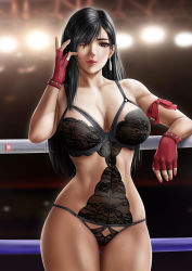 Rule 34 | 1girl, adjusting hair, areola slip, arm ribbon, artist name, backlighting, bare arms, bare shoulders, black hair, black leotard, boxing ring, breasts, brown eyes, cleavage, collarbone, covered navel, earrings, final fantasy, final fantasy vii, fingerless gloves, gloves, gluteal fold, hair over one eye, indoors, jewelry, lace, large breasts, leotard, looking at viewer, parted lips, patreon logo, patreon username, pink lips, red gloves, red ribbon, ribbon, smile, solo, stage lights, sweat, thigh gap, tifa lockhart, toned, watermark, web address, wet, yiqiang, yq (yiqiang)
