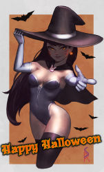 Rule 34 | 1girl, absurdres, alternate costume, alternate eye color, animal print, bat (animal), border, breasts, brooch, brown hair, brown thighhighs, bunny brooch, cape, cleavage, covered navel, cowboy shot, d.va (overwatch), earrings, elbow gloves, eyelashes, eyeliner, facepaint, facial mark, finger gun, gloves, glowing, glowing eyes, glowing jewelry, halloween costume, hand on headwear, happy halloween, hat, highres, jack-o&#039;-lantern, jack-o&#039;-lantern earrings, jewelry, leotard, long hair, looking at viewer, makeup, medium breasts, orange background, orange eyes, overwatch, overwatch 1, parted lips, pink lips, pointing, pointing at viewer, rabbit print, shinra (baby80526), signature, smile, solo, strapless, strapless leotard, thighhighs, whisker markings, white border, white gloves, witch, witch hat