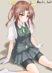 Rule 34 | 10s, 1girl, ahoge, anti (untea9), belt, bike shorts, bike shorts under skirt, blouse, breast pocket, brown hair, collared shirt, commentary request, frown, gloves, green belt, hair ribbon, highres, kagerou (kancolle), kantai collection, looking at viewer, pocket, ribbon, school uniform, shirt, shorts, shorts under skirt, simple background, sitting, socks, solo, twintails, twitter username, white gloves, white shirt, white socks