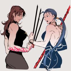 Rule 34 | 2girls, backless outfit, bad id, bad pixiv id, black keys (type-moon), blue hair, brown hair, command spell, cross, cross necklace, cu chulainn (fate), cu chulainn (fate/stay night), earrings, fate/stay night, fate (series), from side, gae bolg (fate), genderswap, genderswap (mtf), grey background, holding, holding sword, holding weapon, j (onjj), jewelry, kotomine kirei, looking at another, multiple girls, necklace, open mouth, ponytail, red eyes, simple background, sword, upper body, weapon