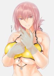 Rule 34 | 1girl, bikini, braid, breasts, commentary request, fate/grand order, fate (series), florence nightingale (chaldea lifesavers) (fate), florence nightingale (fate), gachou, gloves, grey background, large breasts, long hair, looking at viewer, parted lips, pink hair, red eyes, solo, sweat, swimsuit, white gloves