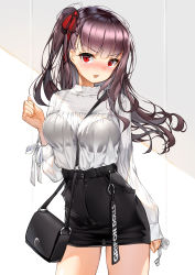 Rule 34 | 1girl, :d, bag, belt, between breasts, black bra, black skirt, blouse, blush, bra, bra visible through clothes, braid, breasts, casual, clothes writing, commentary, cowboy shot, dduck kong, embarrassed, french braid, girls&#039; frontline, hair ribbon, half updo, hand on own hip, high-waist skirt, highres, indoors, large breasts, long hair, long sleeves, looking at viewer, one side up, open mouth, pencil skirt, purple hair, red eyes, red ribbon, ribbon, see-through, shirt, shirt tucked in, shoulder bag, sidelocks, skirt, sleeves past wrists, smile, solo, strap, strap between breasts, tsurime, underwear, v-shaped eyebrows, very long hair, wa2000 (girls&#039; frontline), white shirt