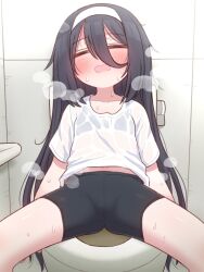 Rule 34 | 1girl, bike shorts, black bra, black hair, black shorts, blush, bra, closed eyes, commentary request, copyright request, facing viewer, hair between eyes, hairband, highres, indoors, long hair, naga u, navel, on toilet, open mouth, see-through, shirt, short sleeves, shorts, sitting, solo, spread legs, sweat, underwear, very long hair, wet, wet clothes, wet shirt, white hairband, white shirt