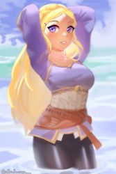 Rule 34 | 1girl, abigbrother, arms behind head, blonde hair, blue eyes, blush, breasts, long hair, medium breasts, nintendo, pants, parted lips, princess, smile, solo, the legend of zelda, the legend of zelda: breath of the wild, wet