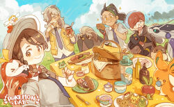 1boy 3girls animal-themed_food applin arven_(pokemon) basket black_hair blue_hair braid brown_hair character-themed_food closed_eyes cloud commentary cookie copyright_name creatures_(company) cup dark-skinned_female dark_skin day dog eating eevee flabebe flabebe_(red_flower) food fuecoco game_freak gen_1_pokemon gen_2_pokemon gen_6_pokemon gen_8_pokemon gimmighoul glasses green_hair hat highres holding juliana_(pokemon) long_hair luminous_slime mabosstiff medium_hair miraidon multicolored_hair multiple_girls nemona_(pokemon) nintendo outdoors pawmi penny_(pokemon) pikachu pleading_eyes pokemon pokemon_(creature) pokemon_sv ponytail quaxly red_hair sandwich short_hair single_braid sinistea sky smoliv sprigatito streaked_hair surprised symbol-only_commentary teacup two-tone_hair umbreon