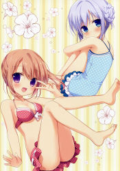 Rule 34 | 2girls, :d, absurdres, alternate hairstyle, ass, bare arms, bare legs, bare shoulders, barefoot, bikini, bikini skirt, blue eyes, blue hair, blue skirt, breasts, camisole, casual one-piece swimsuit, cleavage, collarbone, feet, flower, frilled swimsuit, frills, gochuumon wa usagi desu ka?, hair bun, hand gesture, hibiscus, highres, hoto cocoa, hugging own legs, invisible chair, kafuu chino, knees to chest, looking at viewer, miniskirt, miyasaka naco, multiple girls, one-piece swimsuit, open mouth, orange hair, polka dot, polka dot bikini, polka dot swimsuit, ponytail, purple eyes, scan, short hair, single hair bun, sitting, skirt, sleeveless, small breasts, smile, soles, striped, striped background, swimsuit, tareme, toes, v over eye, vertical stripes