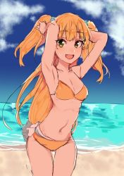 Rule 34 | 10s, 1girl, :d, armpits, arms up, beach, bikini, blonde hair, blush, breasts, cowboy shot, day, fang, green eyes, idolmaster, idolmaster cinderella girls, jougasaki rika, long hair, looking at viewer, nesume, open mouth, sketch, small breasts, smile, solo, swimsuit, two side up