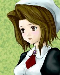 Rule 34 | 00s, 1girl, beret, blush, breasts, brown eyes, brown hair, hat, looking to the side, parted lips, shannon (umineko), short hair, simple background, solo, umineko no naku koro ni