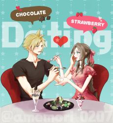Rule 34 | 1boy, 1girl, aerith gainsborough, amemori 0207, black shirt, blonde hair, blue eyes, blush, bow, braid, buster sword, cafe, chair, chocolate, choker, cloud strife, dessert, dress, final fantasy, final fantasy vii, final fantasy vii remake, food, frilled sleeves, frills, fruit, green eyes, hair bow, hand on another&#039;s cheek, heart, highres, holding, holding spoon, jewelry, long hair, looking at another, necklace, open mouth, parfait, parted bangs, parted lips, pink bow, pink dress, pink ribbon, ribbon, shirt, short hair, short sleeves, sidelocks, sitting, spiked hair, spoon, square enix, strawberry, table, upper body, wavy hair