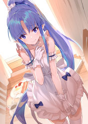 Rule 34 | 1girl, aida (chinhung0612), apron, blue bow, blue eyes, blue hair, bow, choker, closed mouth, collarbone, commentary request, curtains, dutch angle, fate/grand order, fate (series), food, fork, frilled apron, frills, gloves, hair bow, hair ornament, hair scrunchie, hand on own chest, highres, indoors, knife, long hair, looking at viewer, medea (lily) (fate), plate, pointy ears, ponytail, scrunchie, smile, solo, standing, thighhighs, very long hair, white apron, white choker, white gloves, white scrunchie, white thighhighs, wooden floor