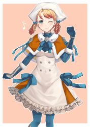 Rule 34 | 1girl, ;), annette fantine dominic, blue bow, blue eyes, blue gloves, blue pantyhose, bow, braid, braided hair rings, breasts, capelet, closed mouth, covered navel, cowboy shot, dress, fire emblem, fire emblem: three houses, fire emblem warriors: three hopes, fur-trimmed capelet, fur trim, gloves, hand up, hat, highres, long sleeves, medium hair, musical note, nintendo, official alternate costume, official alternate hairstyle, one eye closed, orange capelet, orange hair, pantyhose, pink background, simple background, small breasts, smile, solo, standing, white dress, yui (msy1302mana)