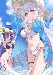Rule 34 | 2girls, :o, @ @, adjusting clothes, adjusting headwear, alternate costume, aqua jacket, armpits, arms up, ball, beachball, bead bracelet, beads, bikini, black bikini, blue archive, blue sky, blunt bangs, blurry, blush, bracelet, breasts, cleavage, cloud, cloudy sky, commentary request, depth of field, embarrassed, eyewear on head, groin, hair between eyes, hair ornament, halo, hat, headgear, highres, holding, holding ball, holding beachball, in water, jacket, jewelry, large breasts, long hair, long sleeves, looking at viewer, looking down, loose bikini, medium breasts, multiple girls, nano (blueoekaki), navel, noa (blue archive), ocean, outdoors, parted bangs, parted lips, purple eyes, purple hair, side-tie bikini bottom, sidelocks, sky, sleeveless, stomach, straw hat, sun hat, sunglasses, surprised, swimsuit, thighlet, two side up, white bikini, white hair, yuuka (blue archive)