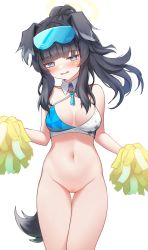 Rule 34 | 1girl, absurdres, animal ears, bad id, bad pixiv id, bare shoulders, black hair, blue archive, blue eyes, blunt bangs, blush, breasts, breasts apart, bright pupils, cheerleader, cleavage, cowboy shot, crop top, detached collar, dog ears, dog girl, dog tail, embarrassed, exhibitionism, eyewear on head, facial mark, goggles, goggles on head, halo, hibiki (blue archive), hibiki (cheer squad) (blue archive), highres, holding, holding pom poms, long hair, looking at viewer, mang, millennium cheerleader outfit (blue archive), navel, no panties, open mouth, pom pom (cheerleading), pom poms, public indecency, public nudity, pussy, simple background, solo, star (symbol), star facial mark, star sticker, sticker on face, tail, text print, thigh gap, white background