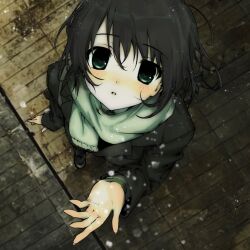 Rule 34 | 1girl, black footwear, black hair, black jacket, from above, green eyes, green scarf, highres, jacket, light blush, long sleeves, looking at viewer, open hand, original, pale skin, parted lips, pavement, scarf, short hair, snowing, solo, suiso (owp)