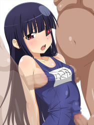 Rule 34 | 10s, 1girl, blue hair, blush, breasts, censored, collarbone, eyepatch, group sex, highres, loliconder, long hair, mirai (senran kagura), naizuri, navel, open mouth, paizuri, penis, penis to breast, penis under another&#039;s clothes, red eyes, senran kagura, simple background, small breasts, standing, swimsuit, white background