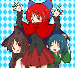 Rule 34 | 3girls, ^ ^, animal ears, blue hair, bow, brown hair, capelet, double dealing character, drill hair, closed eyes, gimicalmas, hair bow, imaizumi kagerou, large bow, long hair, md5 mismatch, multiple girls, red eyes, red hair, sekibanki, short hair, sweat, touhou, wakasagihime, wolf ears