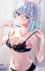 Rule 34 | 1girl, absurdres, bare arms, bedroom, black bra, black panties, blue eyes, blue hair, blurry, blurry background, blush, bra, bra pull, breasts, cleavage, clothes pull, collarbone, colored inner hair, commentary, crossed bangs, highres, indoors, long hair, looking at viewer, medium breasts, multicolored hair, nanashinayuzu mochi, navel, open mouth, original, panties, solo, standing, two-tone hair, underwear, underwear only, upper body