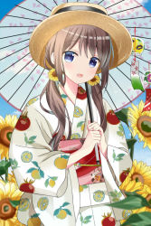 Rule 34 | 1girl, :d, blue eyes, blue sky, blurry, blurry foreground, blush, brown hair, brown headwear, cloud, commentary request, day, depth of field, flower, food print, hair between eyes, hair flower, hair ornament, highres, holding, holding umbrella, japanese clothes, kimono, lemon print, long hair, long sleeves, looking at viewer, low twintails, obi, oil-paper umbrella, open mouth, original, outdoors, print kimono, revision, ryoutan, sash, sky, smile, snowflake hair ornament, solo, sunflower, transparent, transparent umbrella, twintails, umbrella, upper body, white kimono, wide sleeves, wind chime, yellow flower
