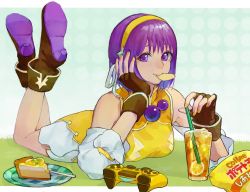 Rule 34 | 1girl, arm support, asamiya athena, breasts, chips (food), fingerless gloves, food, game console, gloves, juice, legs, looking at viewer, lying, matching hair/eyes, medium breasts, mouth hold, on stomach, orange juice, playstation 4, purple eyes, purple hair, shoes, smile, snk, solo, the king of fighters, the king of fighters xv, the pose, thighs