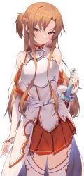 Rule 34 | 1girl, absurdres, armor, asuna (sao), bare shoulders, blush, braid, brown eyes, brown hair, cowboy shot, detached sleeves, highres, jun (aousa0328), long hair, long sleeves, looking at viewer, pleated skirt, red skirt, simple background, skindentation, skirt, smile, solo, sword, sword art online, thighhighs, weapon, white background, white thighhighs