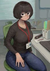 Rule 34 | 1girl, absurdres, binder, black eyes, black hair, black shirt, bob cut, chair, chanta (ayatakaoisii), closed mouth, computer, denim, desk, glasses, hands on own thighs, highres, jeans, laptop, long sleeves, looking at viewer, name tag, office, office chair, office lady, original, pants, paper, pencil, shirt, sitting, solo, swivel chair, whiteboard, window