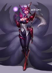 Rule 34 | ahri (league of legends), alternate costume, animal ears, bad id, bad pixiv id, boots, breasts, challenger ahri, claws, cleavage, energy ball, forehead protector, fox ears, fox tail, gem, headgear, high heel boots, high heels, highres, knee boots, large breasts, league of legends, long hair, multiple tails, purple eyes, ram (pkv1111), red footwear, tail, vambraces, white hair