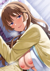 Rule 34 | 1girl, bed sheet, breasts, brown hair, collared shirt, commentary request, frilled pillow, frills, hair between eyes, hair ornament, hairclip, hands up, heavy breathing, jacket, konoe kanata, light blush, long hair, long sleeves, looking at viewer, looking to the side, love live!, love live! nijigasaki high school idol club, lying, medium breasts, nijigasaki academy school uniform, nipples, no bra, nosa, on side, open clothes, open jacket, open shirt, parted lips, pillow, purple eyes, school uniform, shirt, smile, solo, steaming body, sweat, upper body, white shirt, yellow jacket