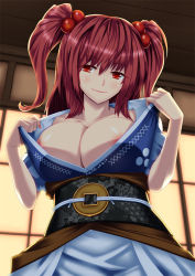 Rule 34 | 1girl, areola slip, breasts, female focus, fumizuki homura, hair bobbles, hair ornament, japanese clothes, large breasts, light smile, looking at viewer, onozuka komachi, red eyes, red hair, short hair, solo, touhou, twintails, two side up, undressing, upper body