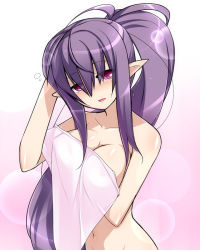Rule 34 | 1girl, blush, breasts, character request, cleavage, katami shinta, large breasts, long hair, navel, nude, pointy ears, ponytail, purple hair, red eyes, rengou no kuroi akuma, solo, source request, towel