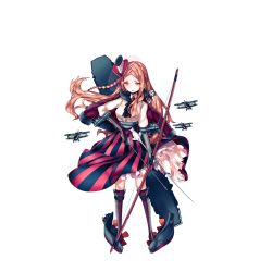 Rule 34 | 1girl, aircraft, airplane, ark royal (warship girls r), arrow (projectile), biplane, blouse, boots, bow (weapon), braid, brown eyes, brown hair, fairey swordfish, fish, flight deck, frilled skirt, frills, full body, hat, jacket, jacket on shoulders, knee boots, leung ka che, long hair, long skirt, machinery, official art, quiver, shirt, side braid, skirt, solo, striped clothes, striped skirt, swordfish, transparent background, warship girls r, weapon, white shirt