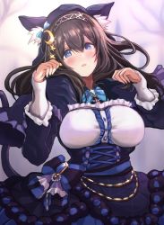 Rule 34 | 1girl, animal ears, animal hood, black dress, blue bow, blue eyes, blue ribbon, blush, bow, breasts, brooch, brown hair, capelet, cat ears, cat hood, cat tail, crescent, crescent pin, cross-laced clothes, diadem, dress, frills, hair between eyes, halloween costume, hands up, hood, idolmaster, idolmaster cinderella girls, jewelry, large breasts, long hair, long sleeves, looking at viewer, open mouth, paw pose, ribbon, sagisawa fumika, solo, spider web print, star (symbol), tail, toho (kihon ha yappa), underbust