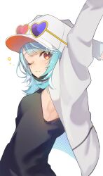Rule 34 | 1girl, armpits, arms up, black shirt, blue hair, from side, hat, highres, jacket, looking at viewer, mask, mask lift, mouth mask, multicolored eyes, multicolored hair, one eye closed, open clothes, open jacket, orange eyes, red eyes, shiranami ramune, shirt, simple background, sleeveless, sleeveless shirt, solo, streaked hair, sunglasses, tears, toramata4, virtual youtuber, vspo!, white background, white hair, white hat, white jacket