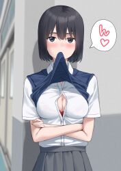 Rule 34 | 1girl, absurdres, black hair, blue sweater vest, bob cut, bra, breasts, cleavage, collared shirt, crossed arms, door, grey skirt, heart, highres, indoors, kiona (giraffe kiona), large breasts, lifting own clothes, looking at viewer, original, red bra, school uniform, shirt, short hair, short sleeves, skirt, solo, speech bubble, spoken heart, sweater vest, sweater vest lift, translation request, underwear, white shirt
