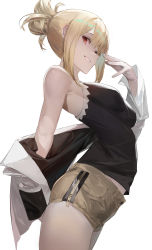 Rule 34 | 1girl, bare shoulders, black camisole, blazpu, blonde hair, borrowed character, breasts, camisole, grin, highres, jacket, long sleeves, looking at viewer, medium breasts, medium hair, off shoulder, open clothes, open jacket, red eyes, short shorts, shorts, smile, solo, thighs, white jacket, yellow shorts