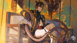 Rule 34 | 1boy, absurdres, api qwq, arknights, black coat, black gloves, brown hair, chinese commentary, chong yue (arknights), coat, commentary, crossed legs, dragon horns, dragon tail, feet out of frame, gloves, hair between eyes, highres, horns, long hair, long sleeves, looking at viewer, low ponytail, male focus, on bench, pants, red eyes, shirt, sitting, solo, tail, white pants, white shirt