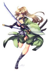 Rule 34 | 1girl, 2015, ahoge, blonde hair, breasts, cleavage, crescentia fortuna, deathblight, dual wielding, fingerless gloves, geta, gloves, hand on sword, holding, japanese clothes, katana, kimono, large breasts, lips, long hair, ponytail, purple eyes, running, sachiko (deathblight), sheath, shoes, signature, simple background, smile, solo, sword, unsheathed, unsheathing, weapon, white background
