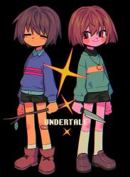 Rule 34 | 2others, black background, black shirt, black shorts, blue shirt, blue sweater, blush stickers, brown footwear, brown hair, chara (undertale), closed eyes, closed mouth, copyright name, frisk (undertale), green sweater, heart, heart necklace, highres, holding, holding knife, holding stick, jewelry, knife, menma (enaic31), multiple others, necklace, red eyes, shirt, short hair, shorts, simple background, smile, socks, stick, sweater, undertale, white socks