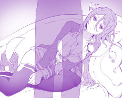 Rule 34 | 1boy, 1girl, ahoge, arms at sides, bag, between legs, breasts, cleavage, cosmic break, couch, expressionless, hair between eyes, hand between legs, headgear, large breasts, long hair, long sleeves, looking at another, lying, military, military uniform, monochrome, nebel, on couch, on side, parted lips, purple theme, see-through silhouette, thighhighs, tsukinami kousuke, uniform